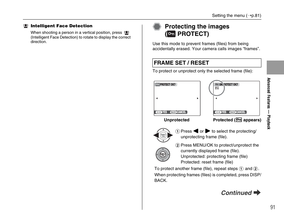 Protecting the images ( protect), Continued q, Frame set / reset | FujiFilm F45fd User Manual | Page 91 / 180