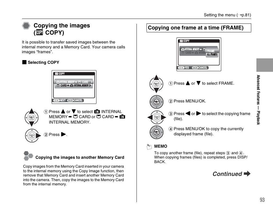 Copying the images ( v copy), Continued q, Copying one frame at a time (frame) | FujiFilm F45fd User Manual | Page 93 / 180