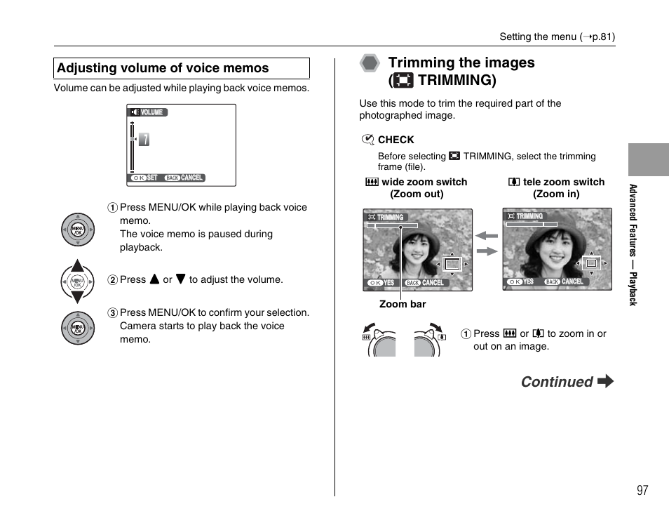 Trimming the images ( trimming), Continued q | FujiFilm F45fd User Manual | Page 97 / 180