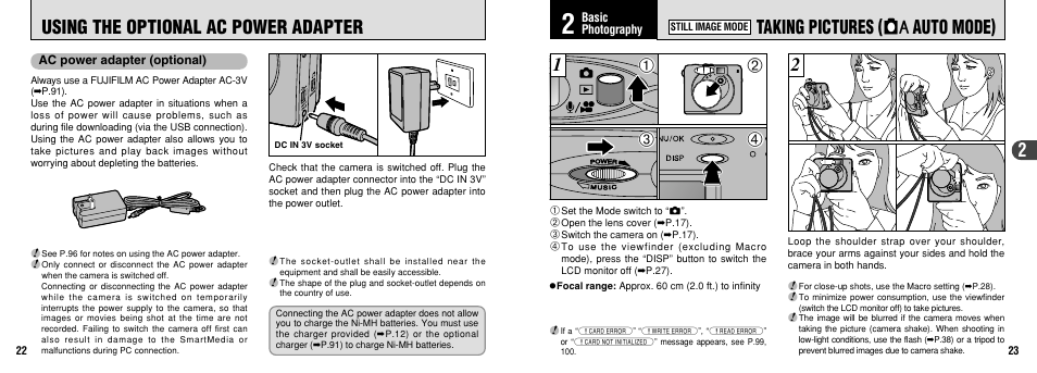 Using the optional ac power adapter, Taking pictures ( 1 auto mode) | FujiFilm 30i User Manual | Page 12 / 59