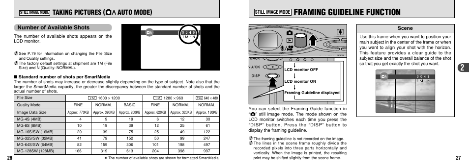 Framing guideline function, Taking pictures ( 1 auto mode), Number of available shots | FujiFilm 30i User Manual | Page 14 / 59