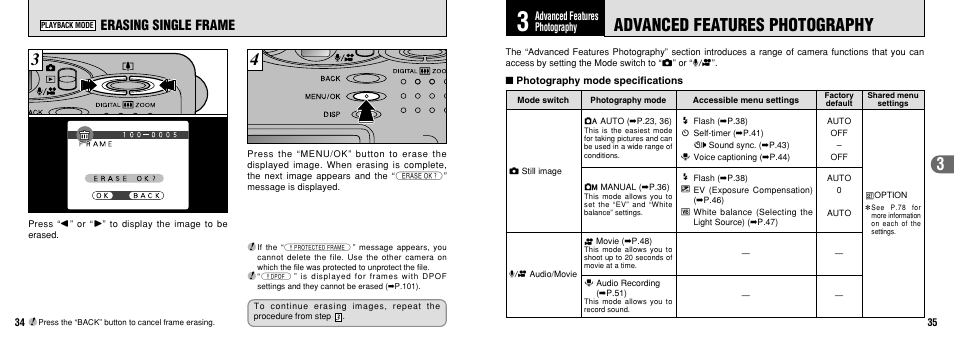 Advanced features photography, Erasing single frame | FujiFilm 30i User Manual | Page 18 / 59