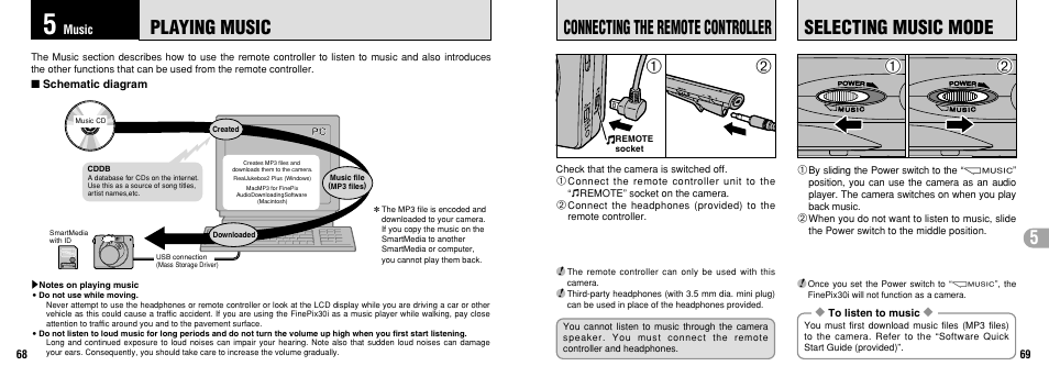 Playing music, Connecting the remote controller, Selecting music mode | FujiFilm 30i User Manual | Page 35 / 59