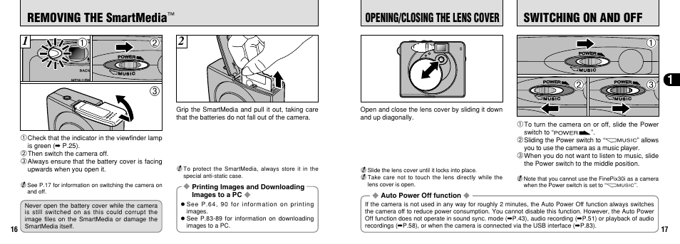 Removing the smartmedia, Opening/closing the lens cover, Switching on and off | FujiFilm 30i User Manual | Page 9 / 59