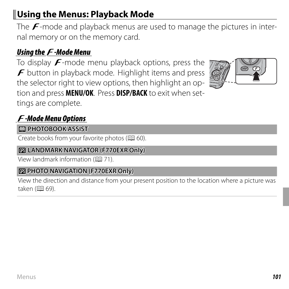 Using the menus: playback mode | FujiFilm FinePix F750EXR User Manual | Page 119 / 164