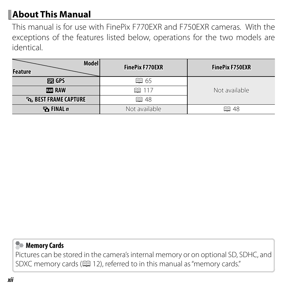 About this manual | FujiFilm FinePix F750EXR User Manual | Page 12 / 164