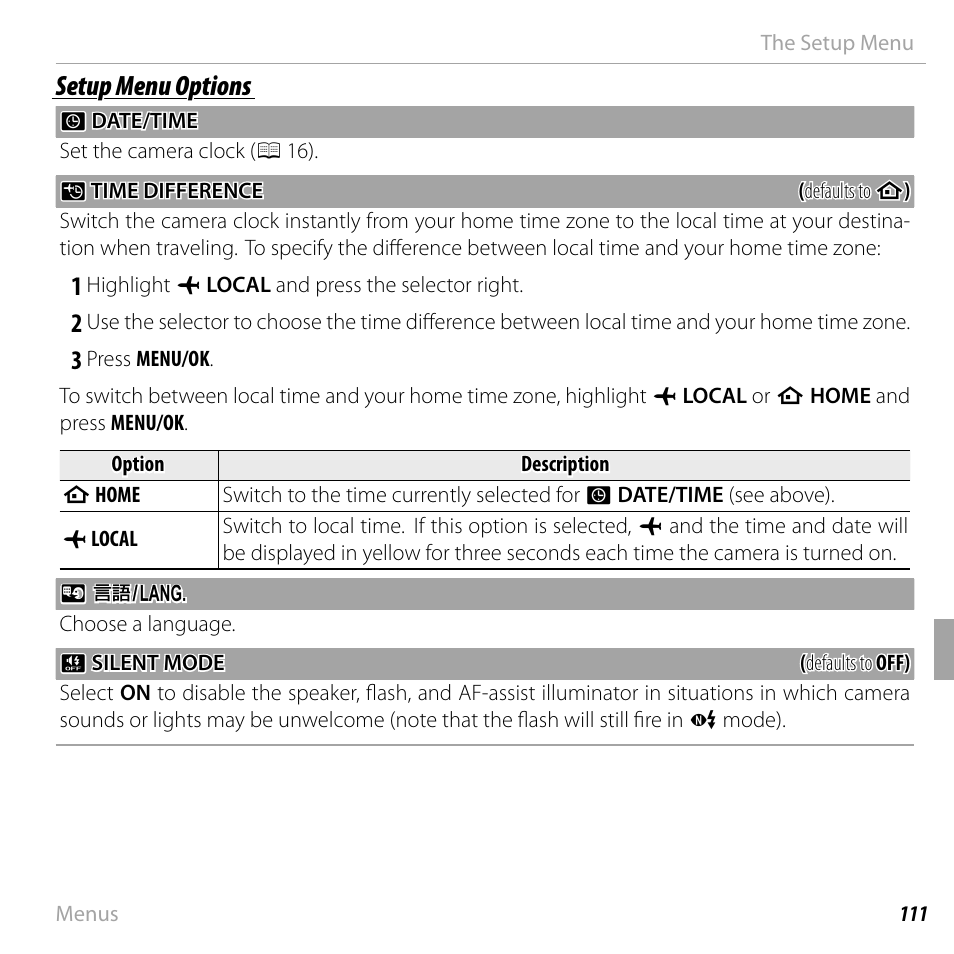 Setup menu options | FujiFilm FinePix F750EXR User Manual | Page 129 / 164