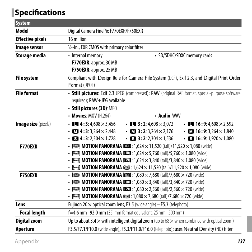 Specifi cations | FujiFilm FinePix F750EXR User Manual | Page 155 / 164