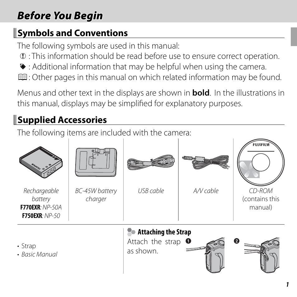 Before you begin, Symbols and conventions, Supplied accessories | FujiFilm FinePix F750EXR User Manual | Page 19 / 164