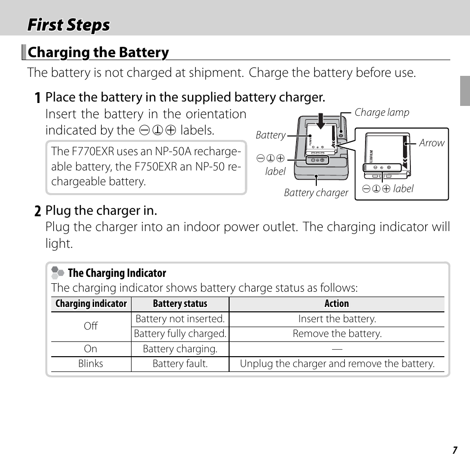 First steps, Charging the battery | FujiFilm FinePix F750EXR User Manual | Page 25 / 164