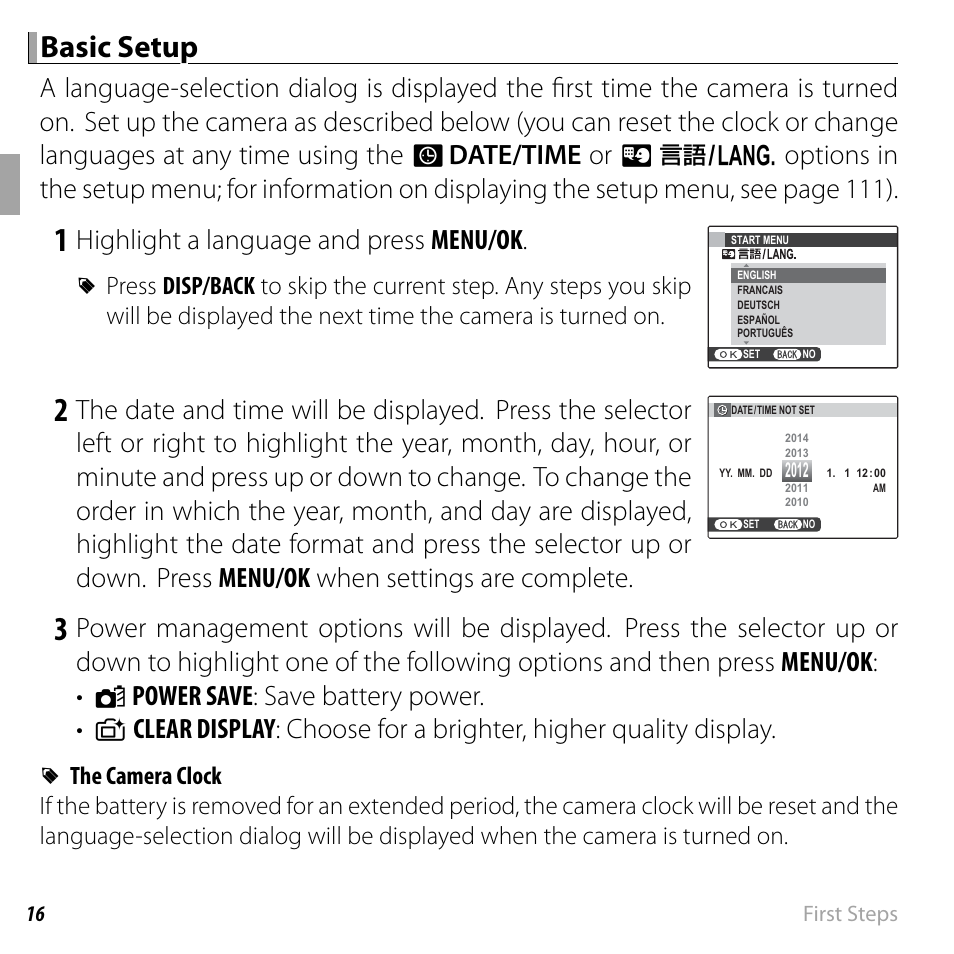 Basic setup, Highlight a language and press menu/ok | FujiFilm FinePix F750EXR User Manual | Page 34 / 164