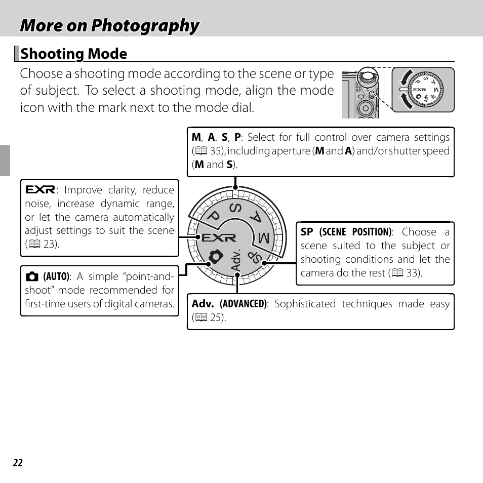 More on photography, Shooting mode | FujiFilm FinePix F750EXR User Manual | Page 40 / 164