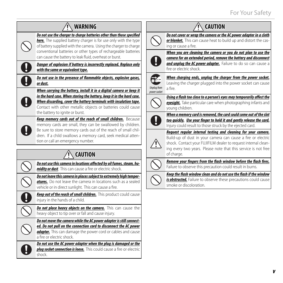 Vfor your safety warning warning, Caution caution | FujiFilm FinePix F750EXR User Manual | Page 5 / 164