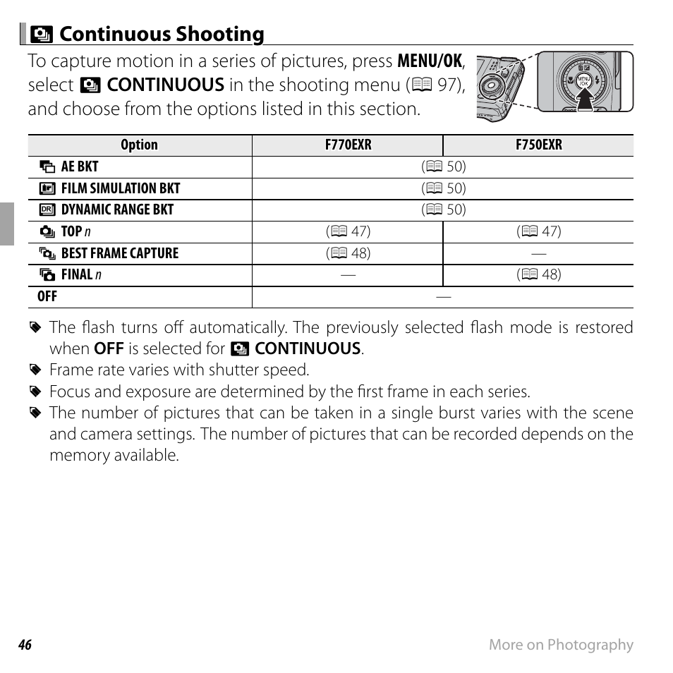 R r continuous shooting continuous shooting | FujiFilm FinePix F750EXR User Manual | Page 64 / 164