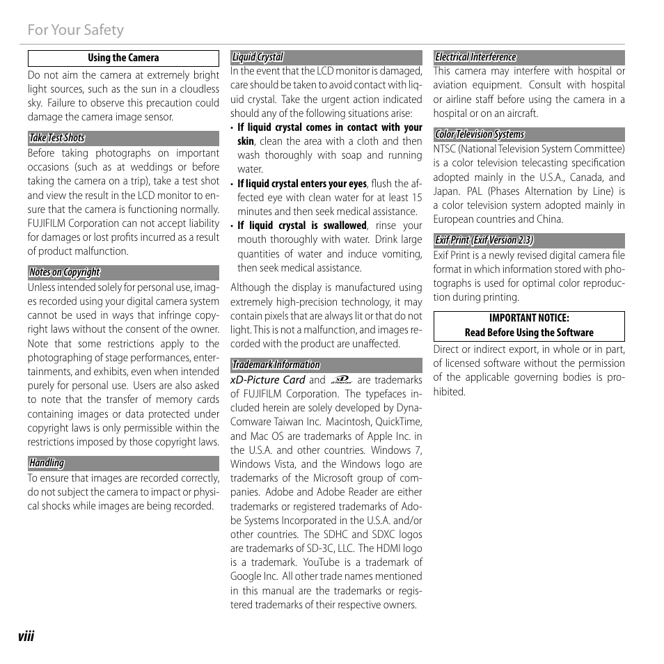 Viii for your safety | FujiFilm FinePix F750EXR User Manual | Page 8 / 164