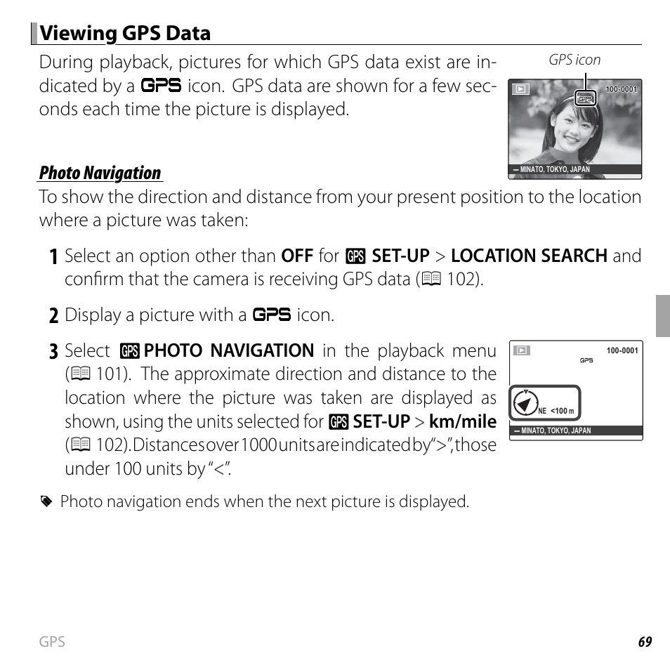 Viewing gps data, Display a picture with a, Icon | FujiFilm FinePix F750EXR User Manual | Page 87 / 164