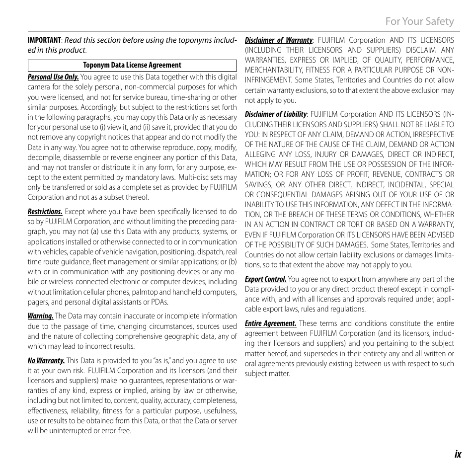 Ix for your safety | FujiFilm FinePix F750EXR User Manual | Page 9 / 164