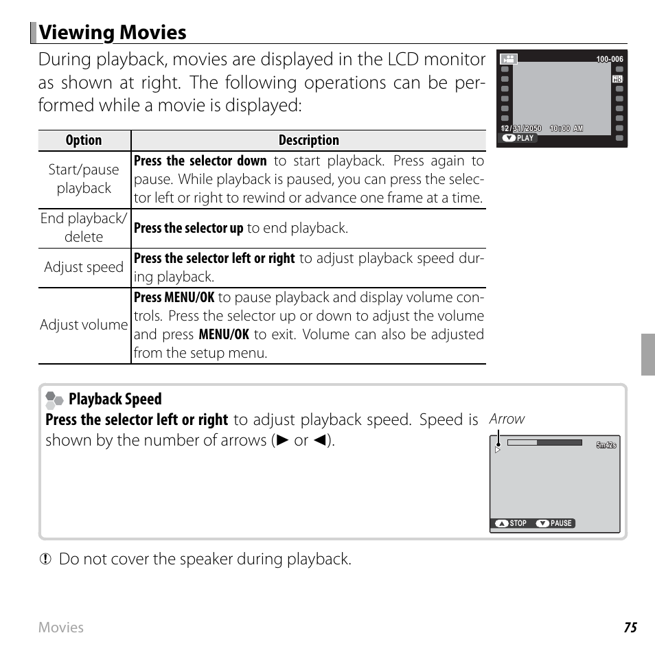 Viewing movies, Playback speed, Q do not cover the speaker during playback | FujiFilm FinePix F750EXR User Manual | Page 93 / 164