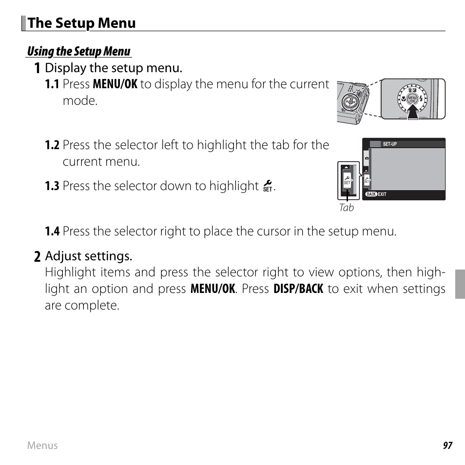 The setup menu, Using the setup menu | FujiFilm FinePix F550EXR User Manual | Page 115 / 151