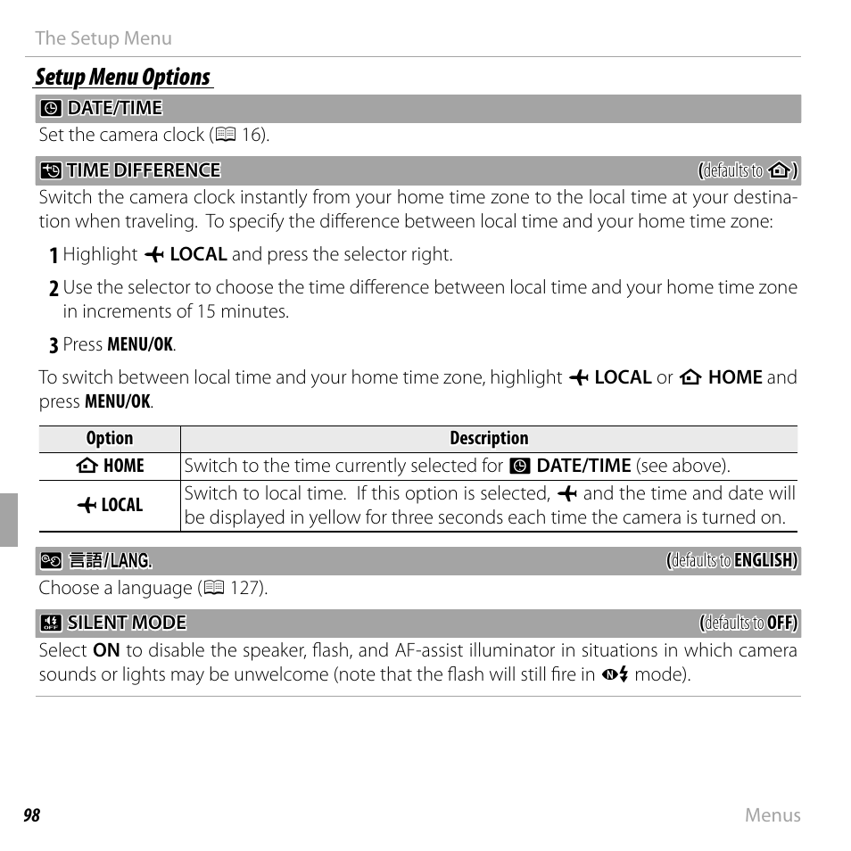 Setup menu options | FujiFilm FinePix F550EXR User Manual | Page 116 / 151