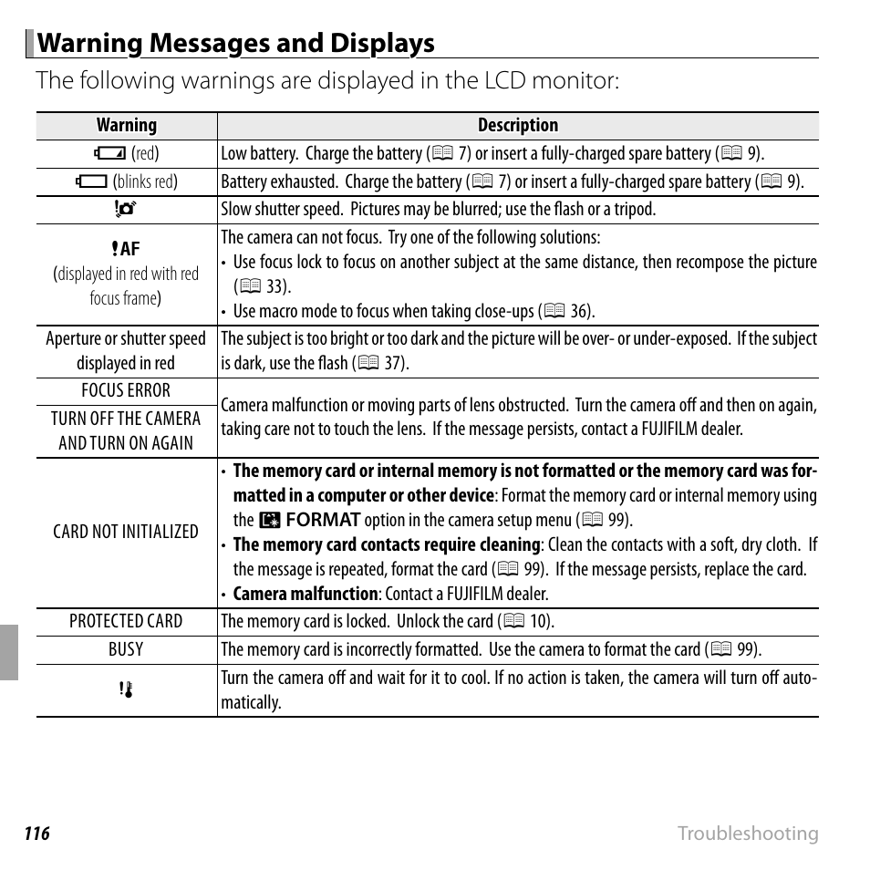 Warning messages and displays | FujiFilm FinePix F550EXR User Manual | Page 134 / 151