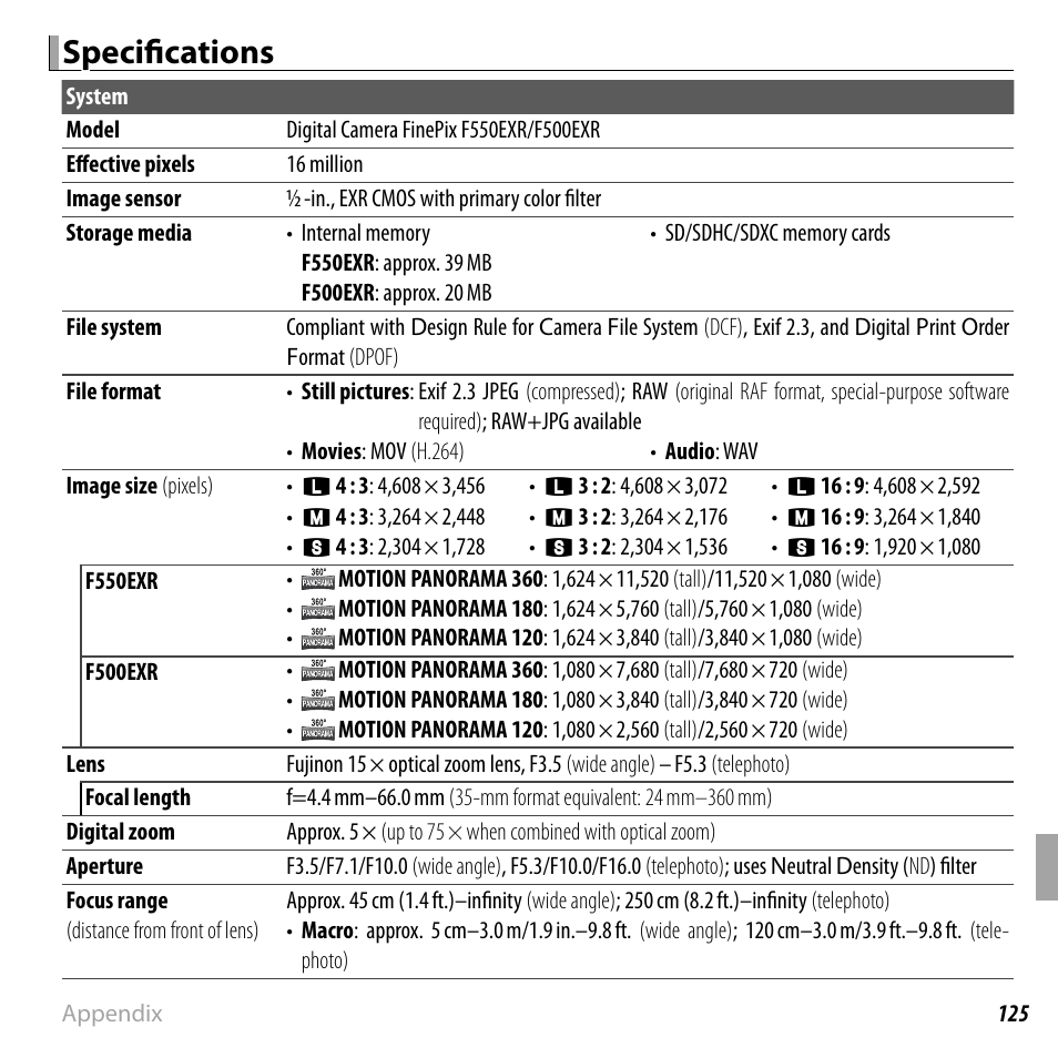 Specifi cations | FujiFilm FinePix F550EXR User Manual | Page 143 / 151