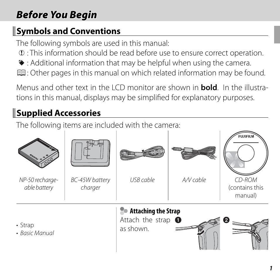 Before you begin, Symbols and conventions, Supplied accessories | FujiFilm FinePix F550EXR User Manual | Page 19 / 151