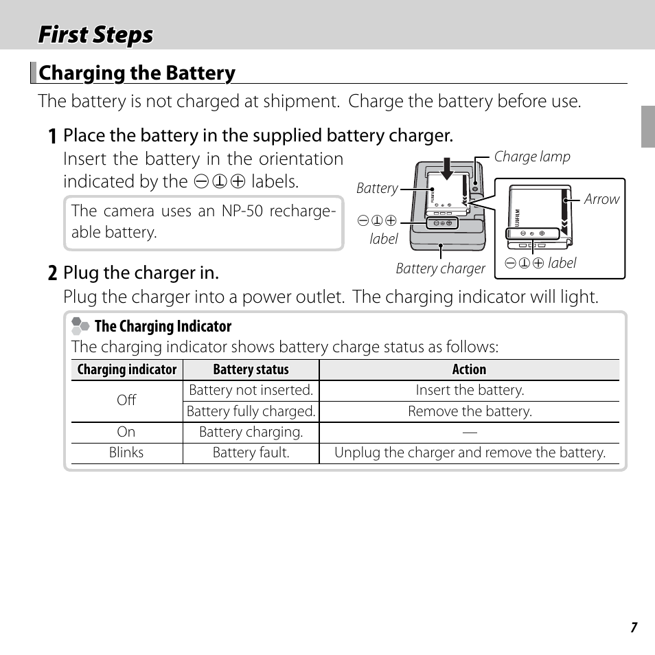 First steps, Charging the battery | FujiFilm FinePix F550EXR User Manual | Page 25 / 151