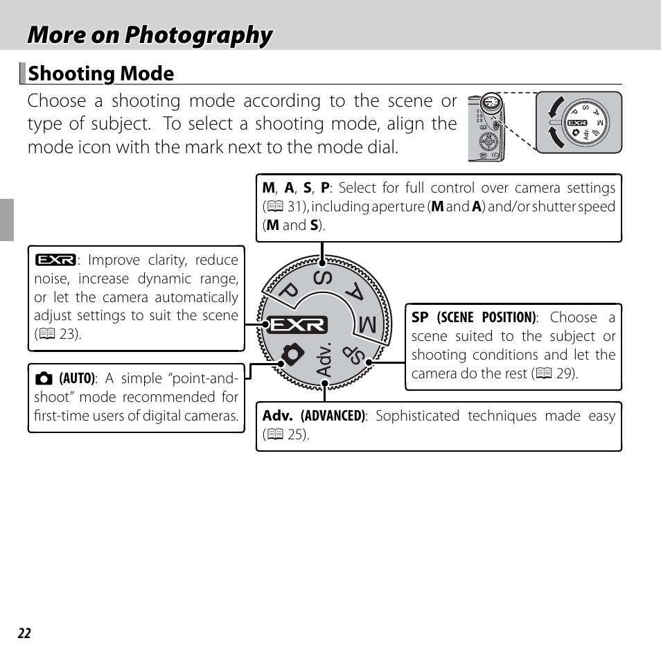 More on photography, Shooting mode | FujiFilm FinePix F550EXR User Manual | Page 40 / 151