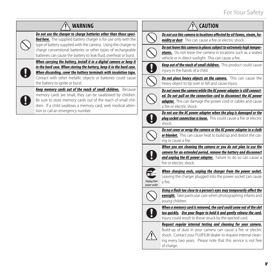 Vfor your safety warning warning, Caution caution | FujiFilm FinePix F550EXR User Manual | Page 5 / 151