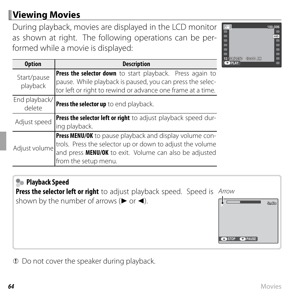 Viewing movies, Playback speed, Q do not cover the speaker during playback | FujiFilm FinePix F550EXR User Manual | Page 82 / 151