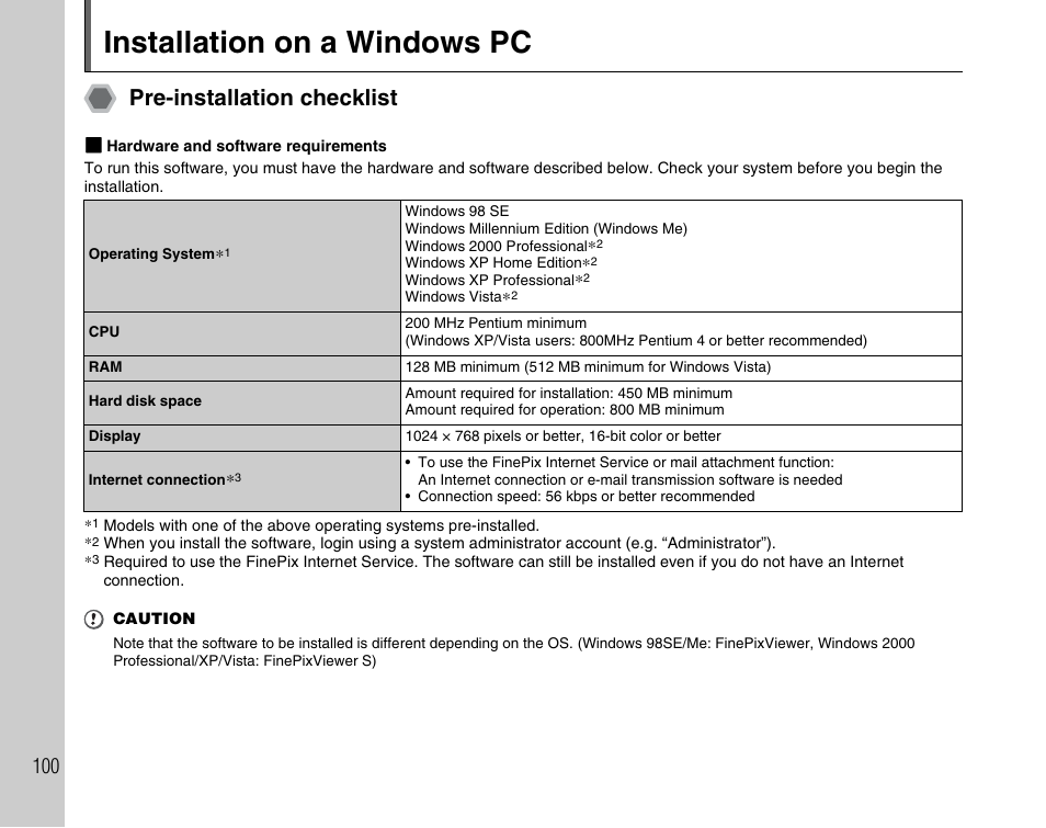Installation on a windows pc, Pre-installation checklist | FujiFilm FinePix A800 User Manual | Page 100 / 164