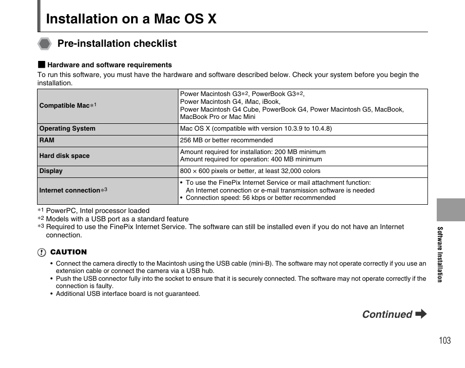 Installation on a mac os x, Pre-installation checklist, Continued q | FujiFilm FinePix A800 User Manual | Page 103 / 164