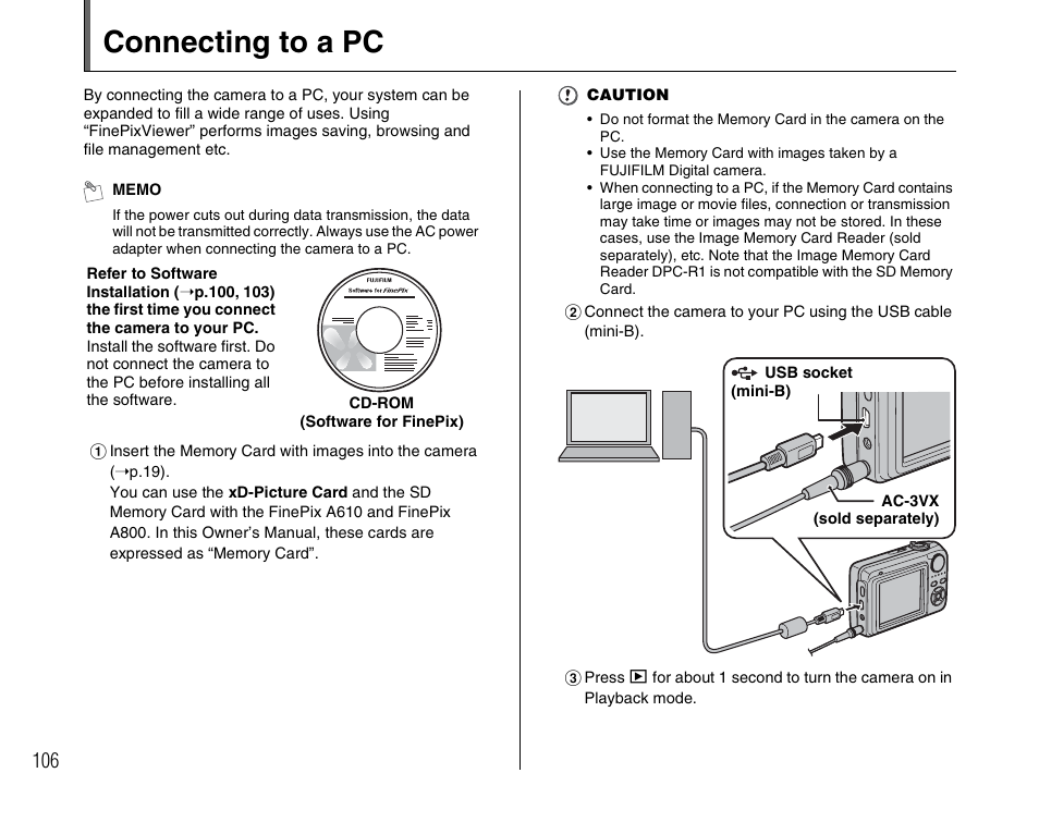 Connecting to a pc | FujiFilm FinePix A800 User Manual | Page 106 / 164