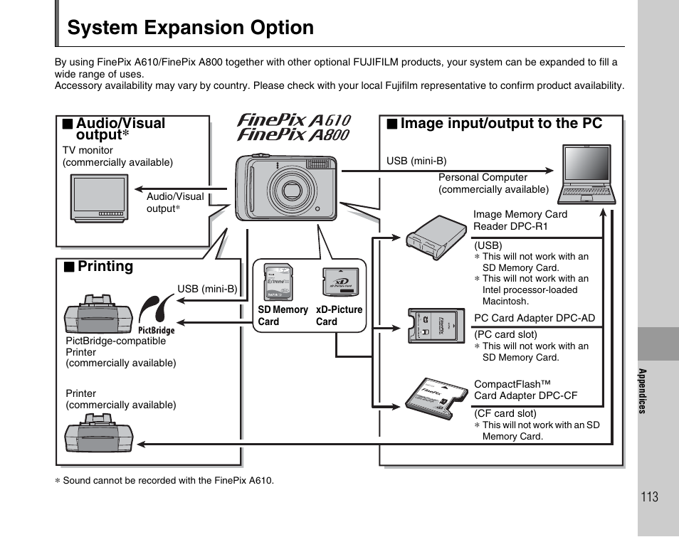 System expansion option, Audio/visual, Output | Printing, Image input/output to the pc | FujiFilm FinePix A800 User Manual | Page 113 / 164