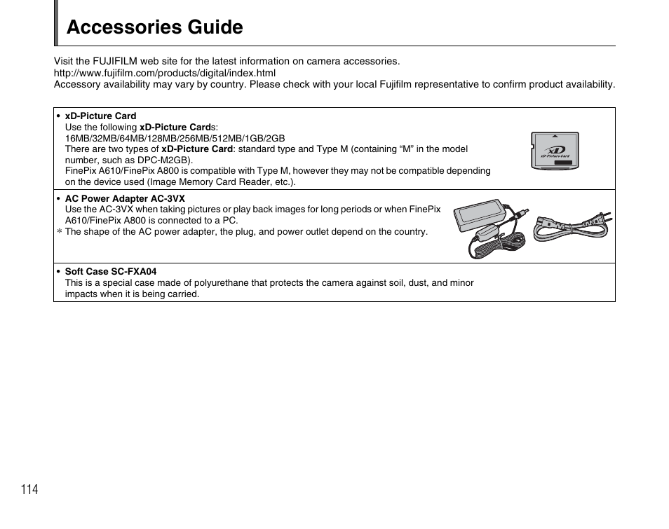 Accessories guide | FujiFilm FinePix A800 User Manual | Page 114 / 164