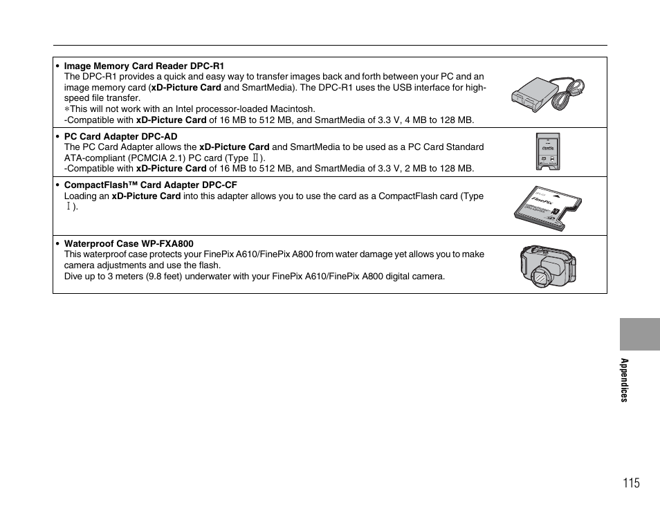 Tm for xd-p icture card | FujiFilm FinePix A800 User Manual | Page 115 / 164