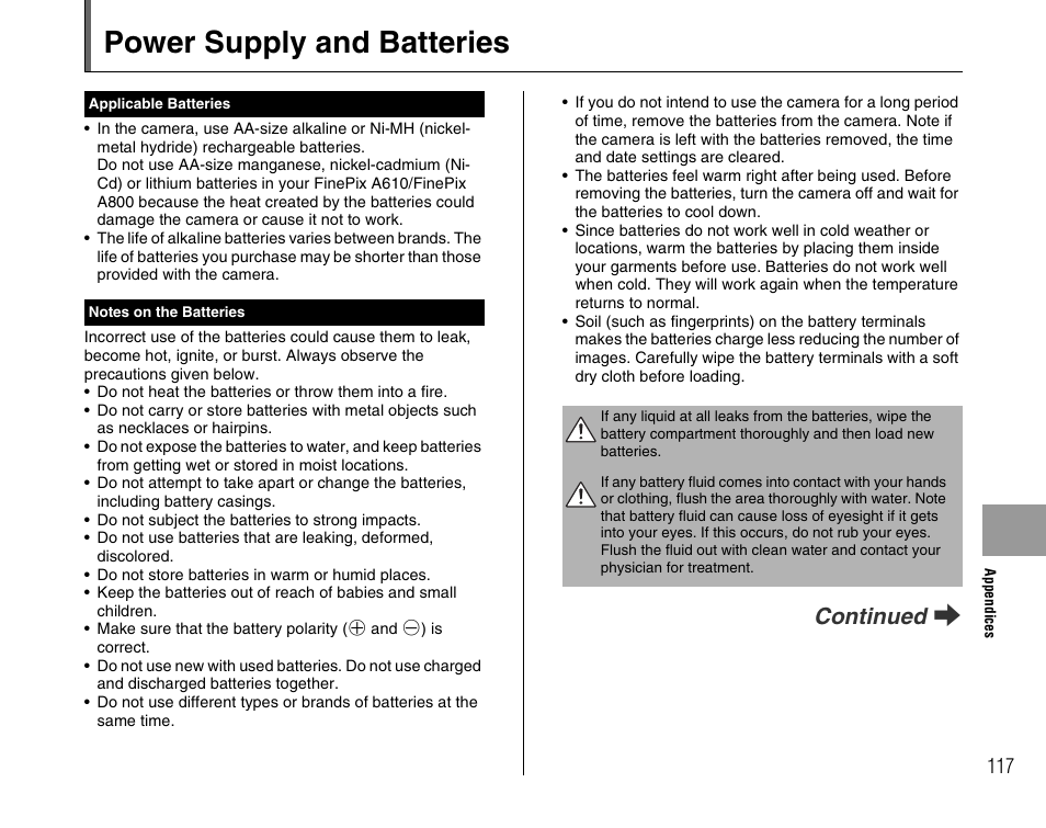 Power supply and batteries, Continued q | FujiFilm FinePix A800 User Manual | Page 117 / 164