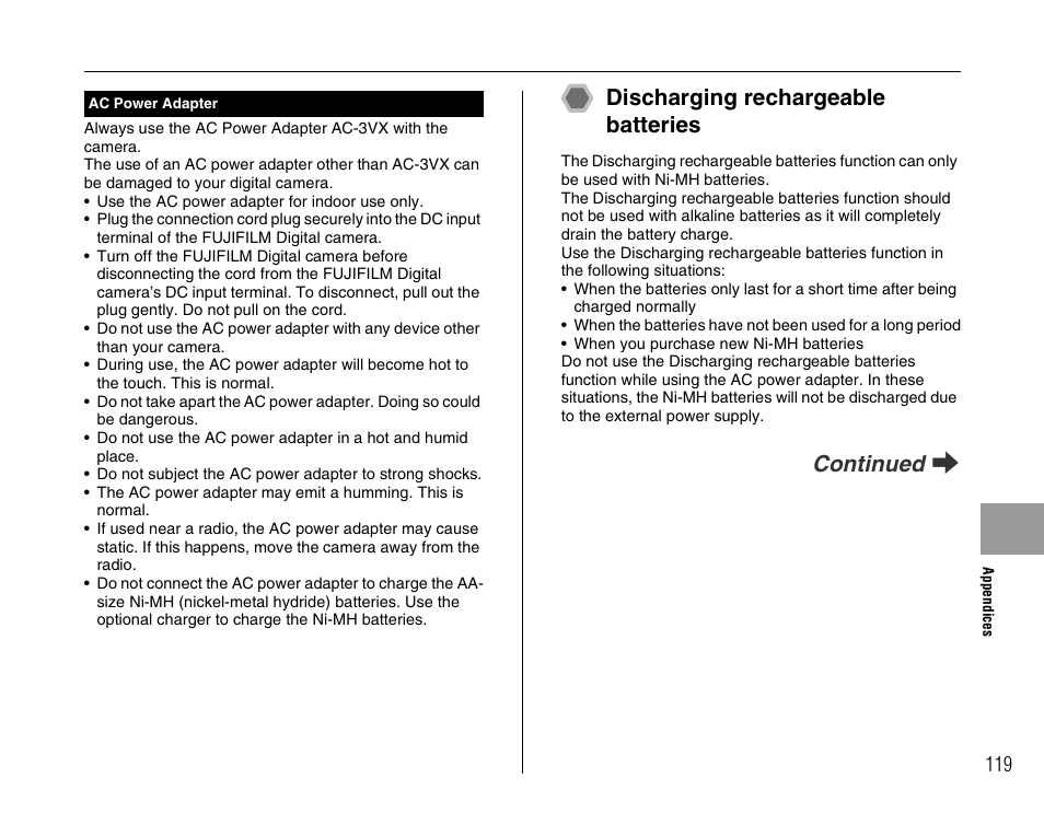 Discharging rechargeable batteries, Continued q | FujiFilm FinePix A800 User Manual | Page 119 / 164