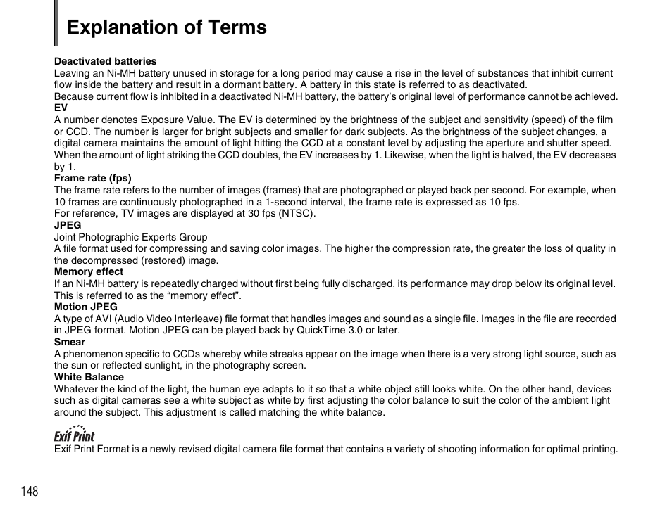 Explanation of terms | FujiFilm FinePix A800 User Manual | Page 148 / 164
