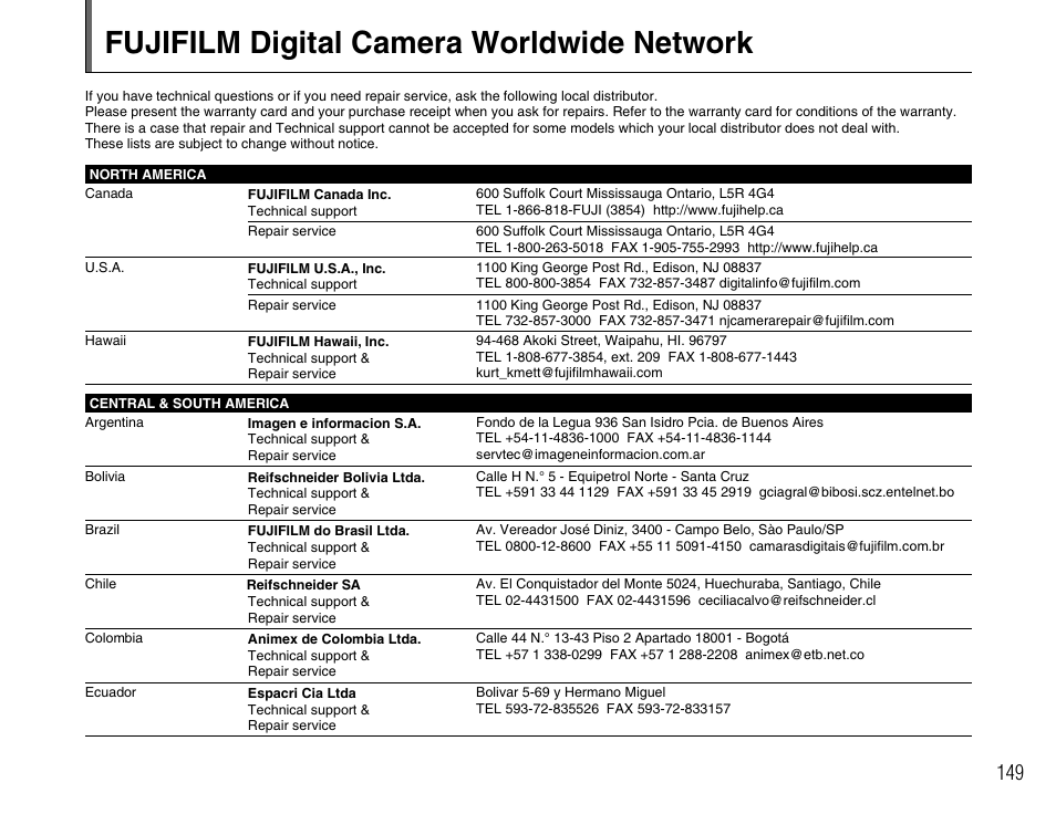Fujifilm digital camera worldwide network | FujiFilm FinePix A800 User Manual | Page 149 / 164