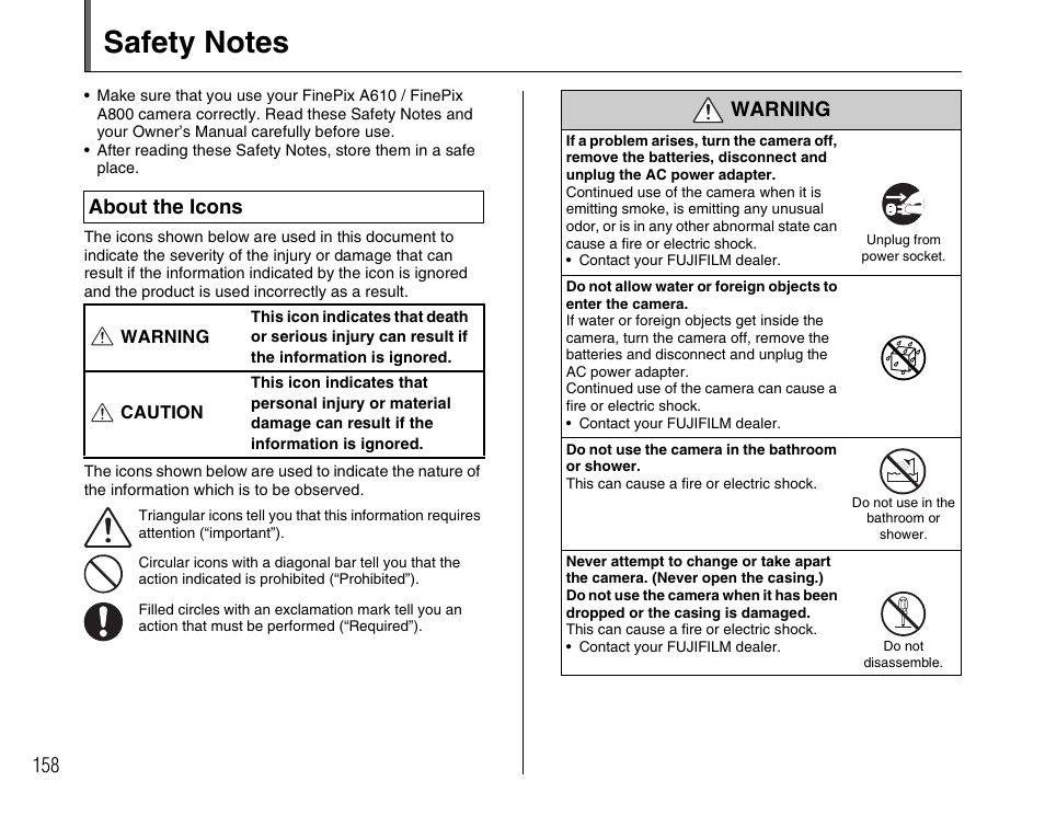 About the icons, Warning | FujiFilm FinePix A800 User Manual | Page 158 / 164