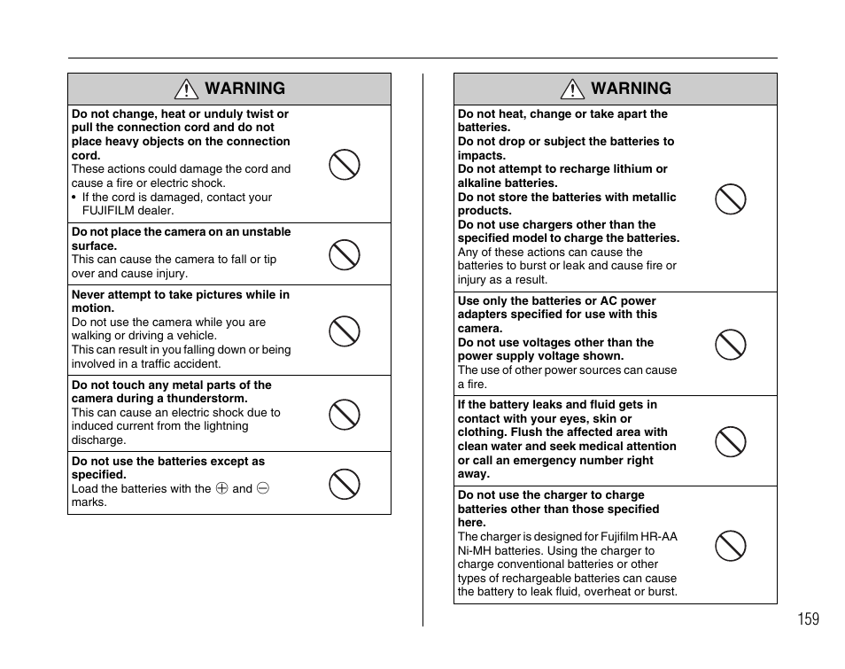 Warning | FujiFilm FinePix A800 User Manual | Page 159 / 164