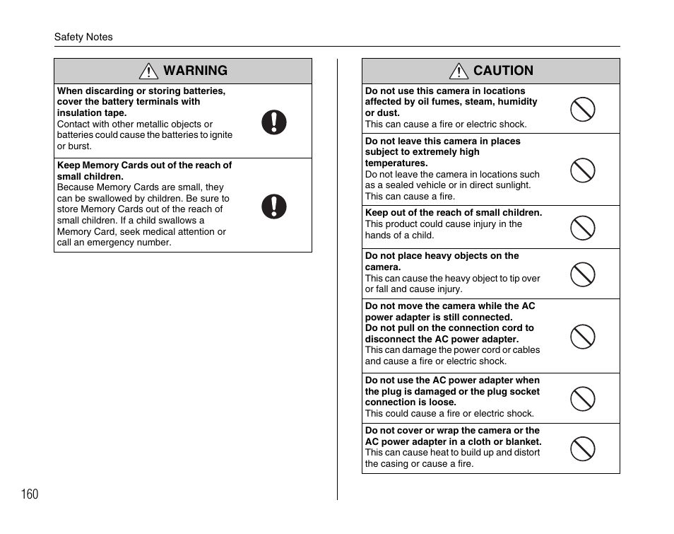 Warning caution | FujiFilm FinePix A800 User Manual | Page 160 / 164