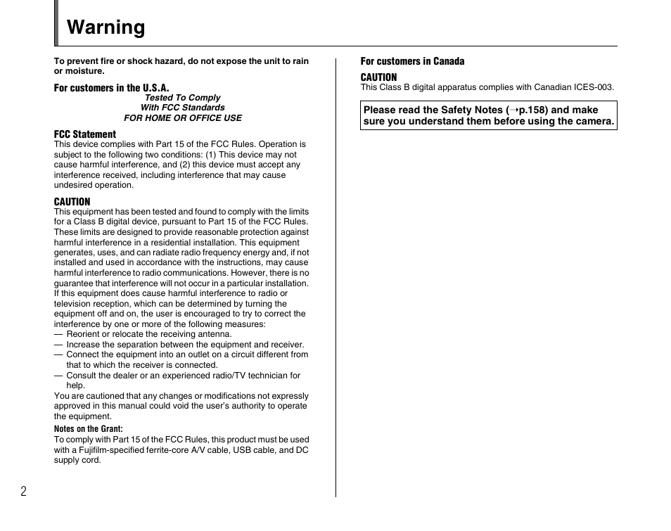 Warning | FujiFilm FinePix A800 User Manual | Page 2 / 164