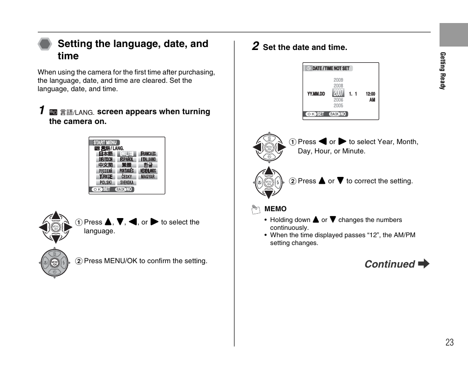 Setting the language, date, and time, Continued q | FujiFilm FinePix A800 User Manual | Page 23 / 164