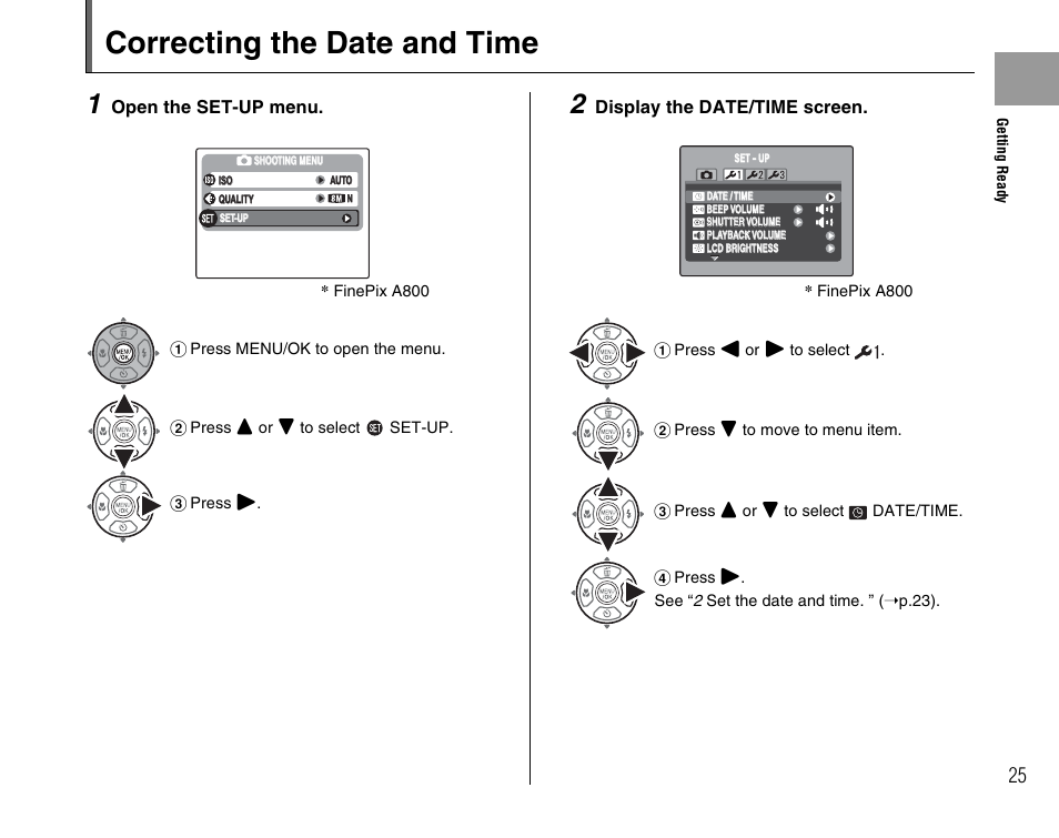 Correcting the date and time | FujiFilm FinePix A800 User Manual | Page 25 / 164