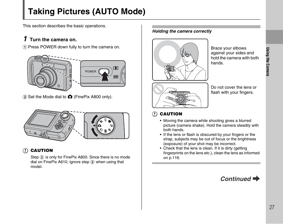 Taking pictures (auto mode), Continued q | FujiFilm FinePix A800 User Manual | Page 27 / 164