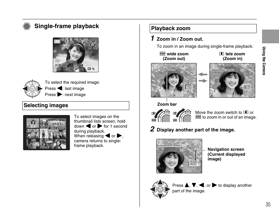Single-frame playback, Selecting images, Playback zoom | Zoom in / zoom out, Display another part of the image | FujiFilm FinePix A800 User Manual | Page 35 / 164