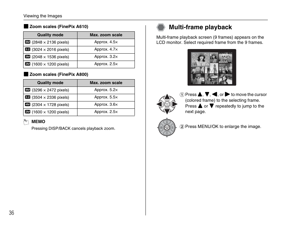 Multi-frame playback | FujiFilm FinePix A800 User Manual | Page 36 / 164